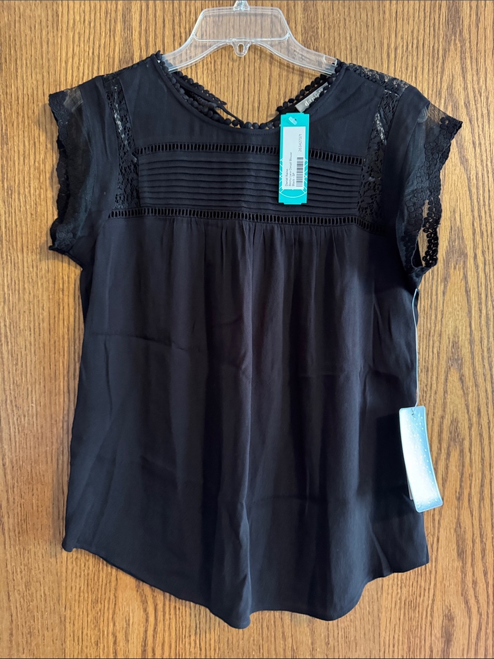 Daniel Rainn Black Lace-Trim Pintuck Short Sleeve Blouse